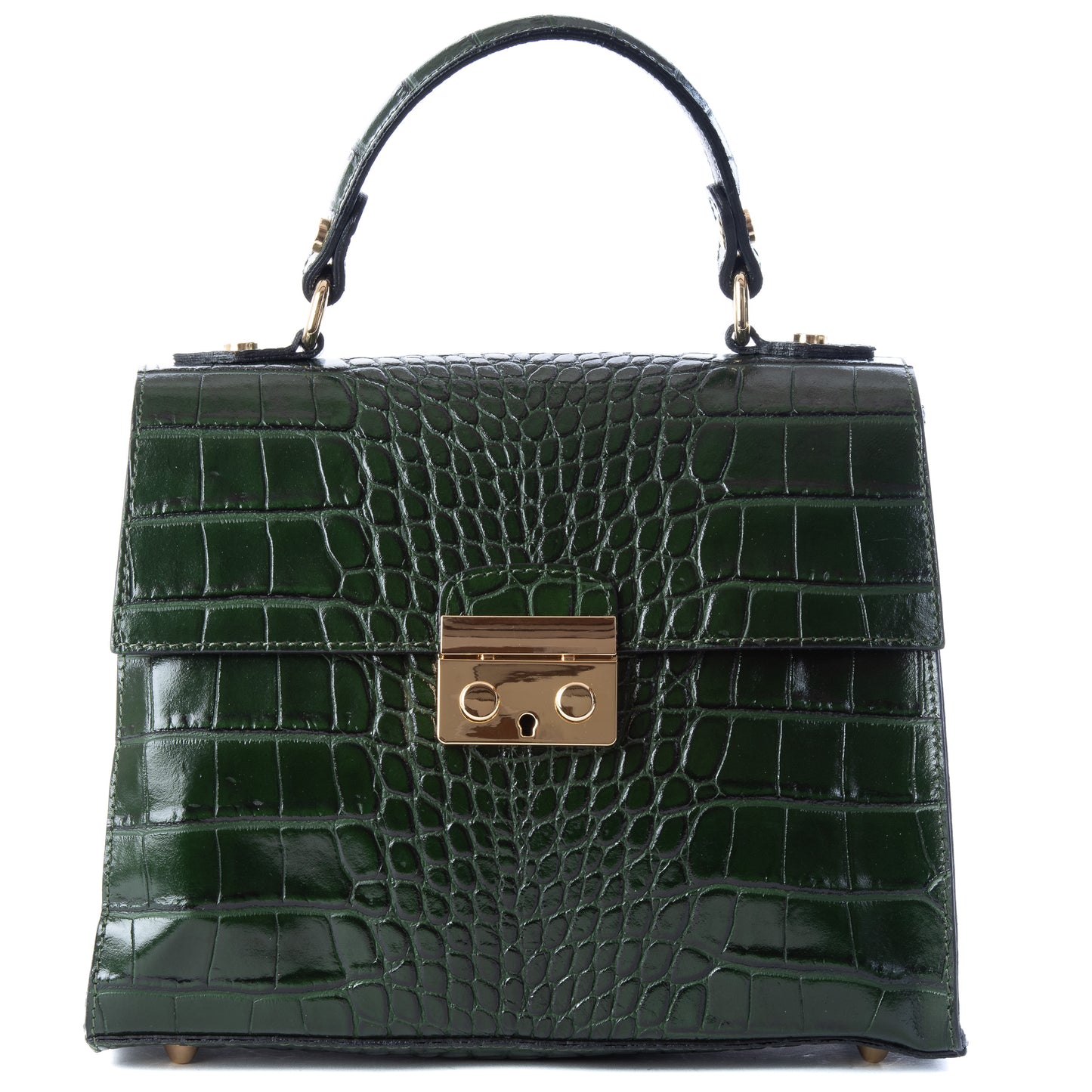 Dark Bottle Green Italian Leather Croc Satchel Tote Bag - Amilu