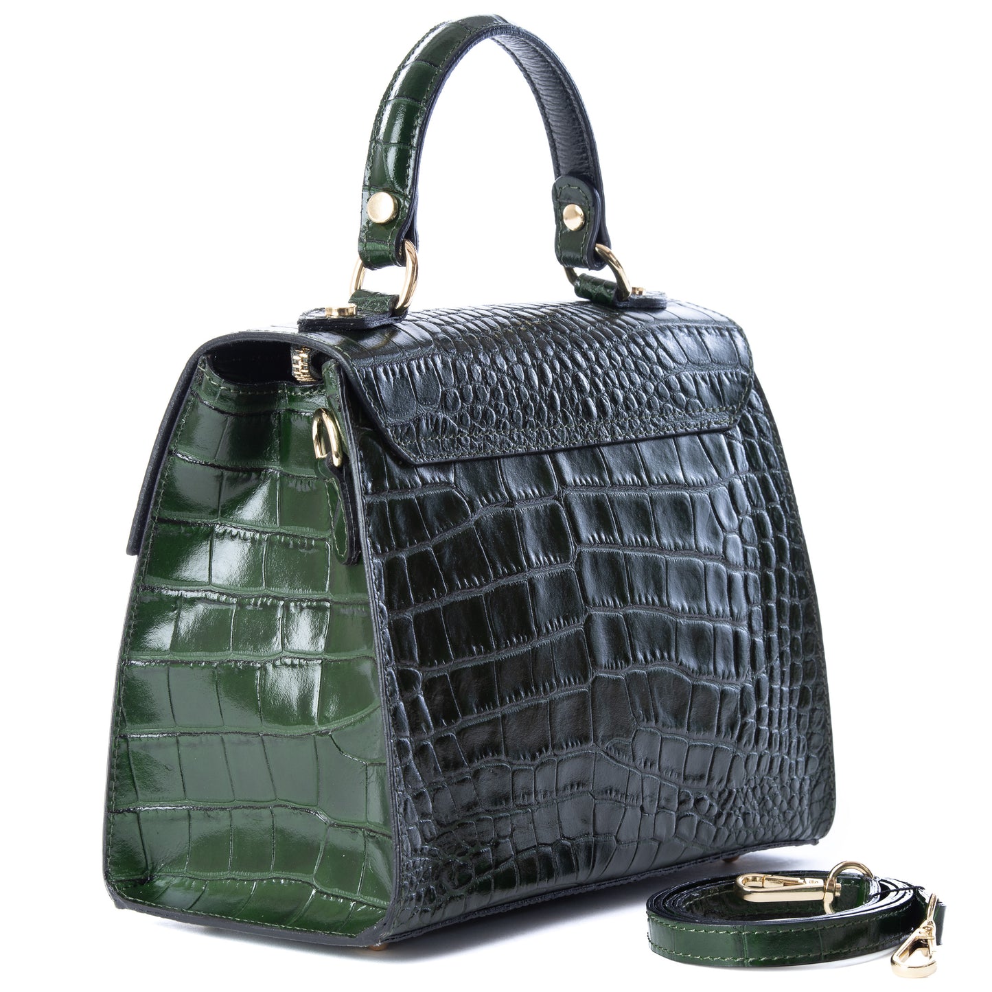 Dark Bottle Green Italian Leather Croc Satchel Tote Bag - Amilu