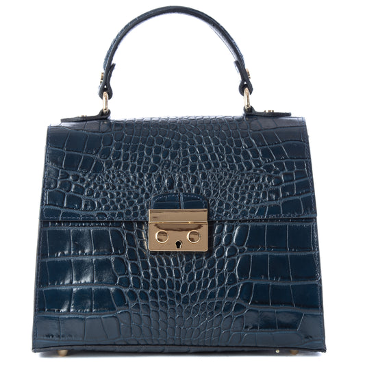 Navy Blue Real Italian Leather Croc Satchel Tote Bag - Amilu