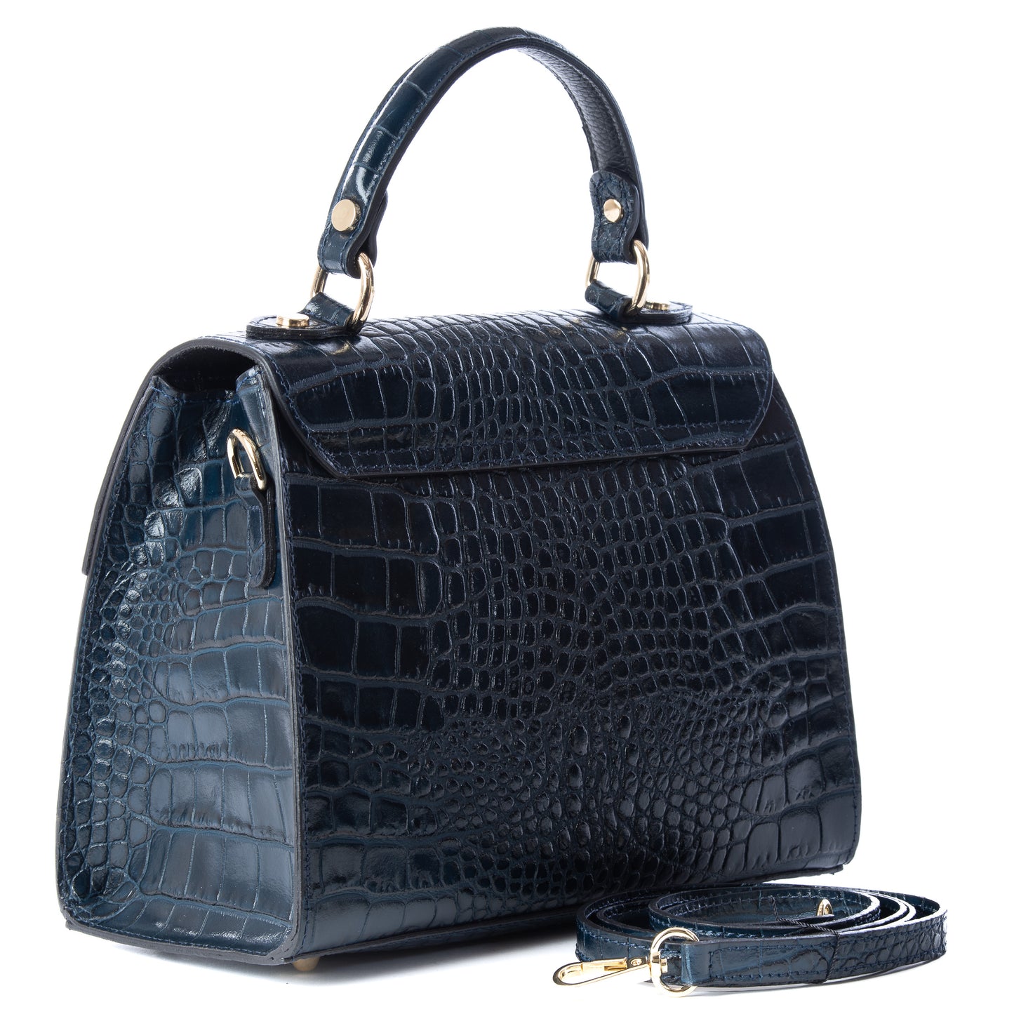 Navy Blue Real Italian Leather Croc Satchel Tote Bag - Amilu