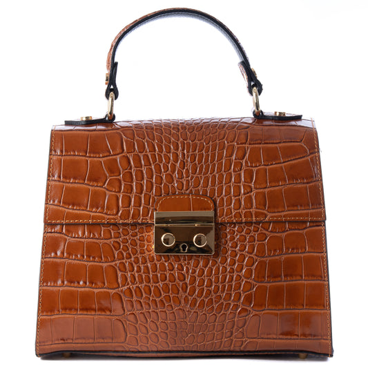 Tan Brown Real Italian Leather Croc Satchel Tote Bag - Amilu