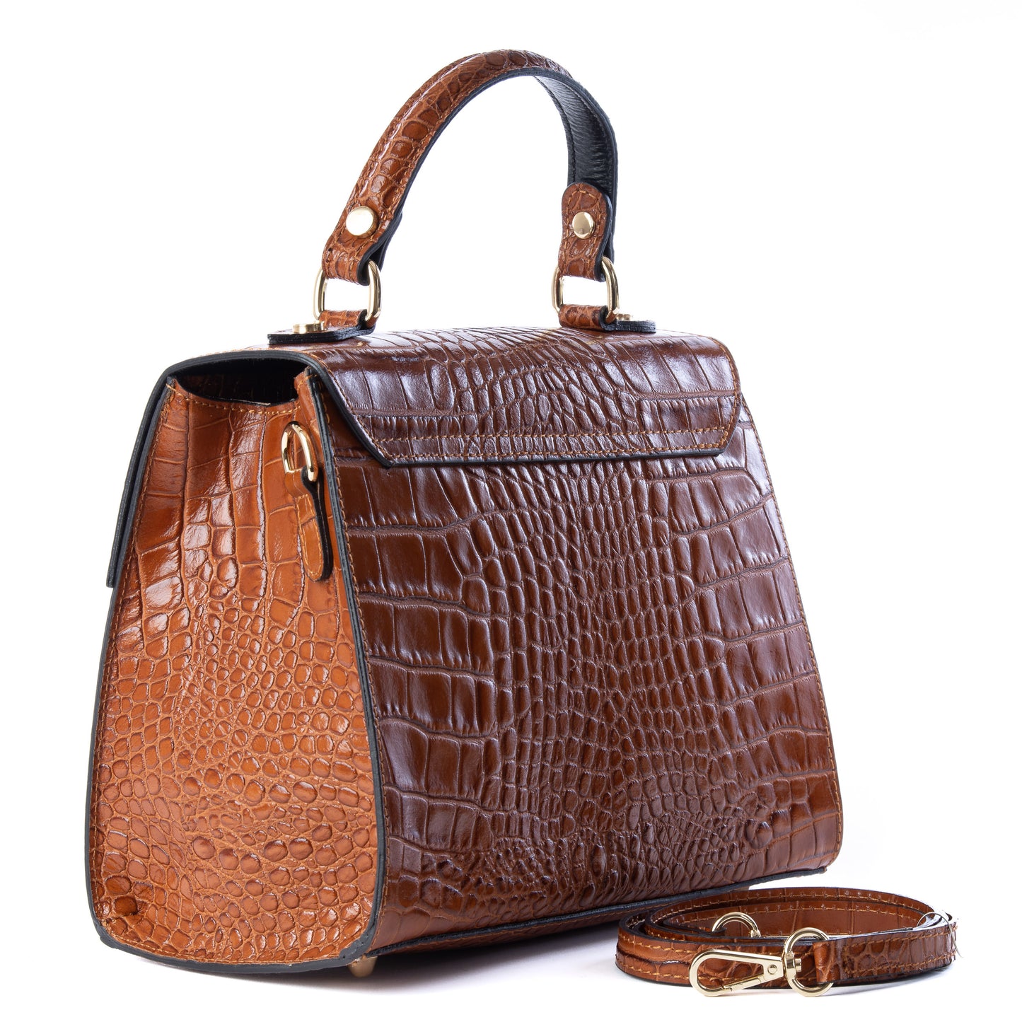 Tan Brown Real Italian Leather Croc Satchel Tote Bag - Amilu