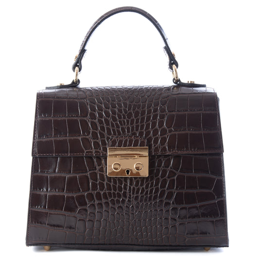 Dark Chocolate Brown Italian Leather Croc Satchel Tote Bag - Amilu