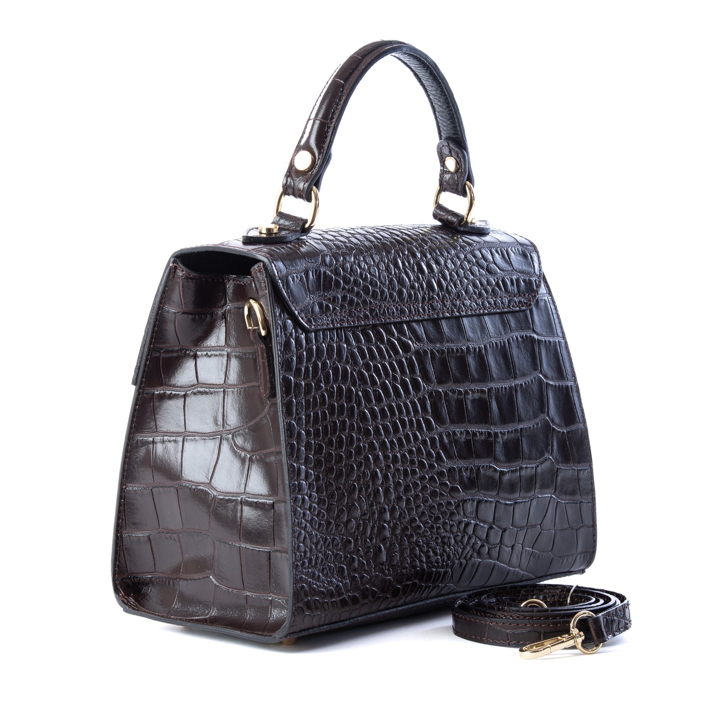 Dark Chocolate Brown Italian Leather Croc Satchel Tote Bag - Amilu