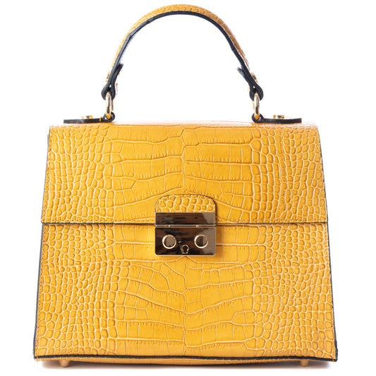 Mustard Yellow Real Italian Leather Croc Satchel Tote Bag - Amilu