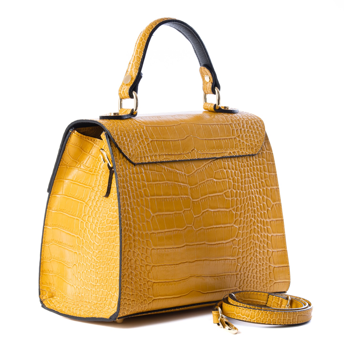 Mustard Yellow Real Italian Leather Croc Satchel Tote Bag - Amilu