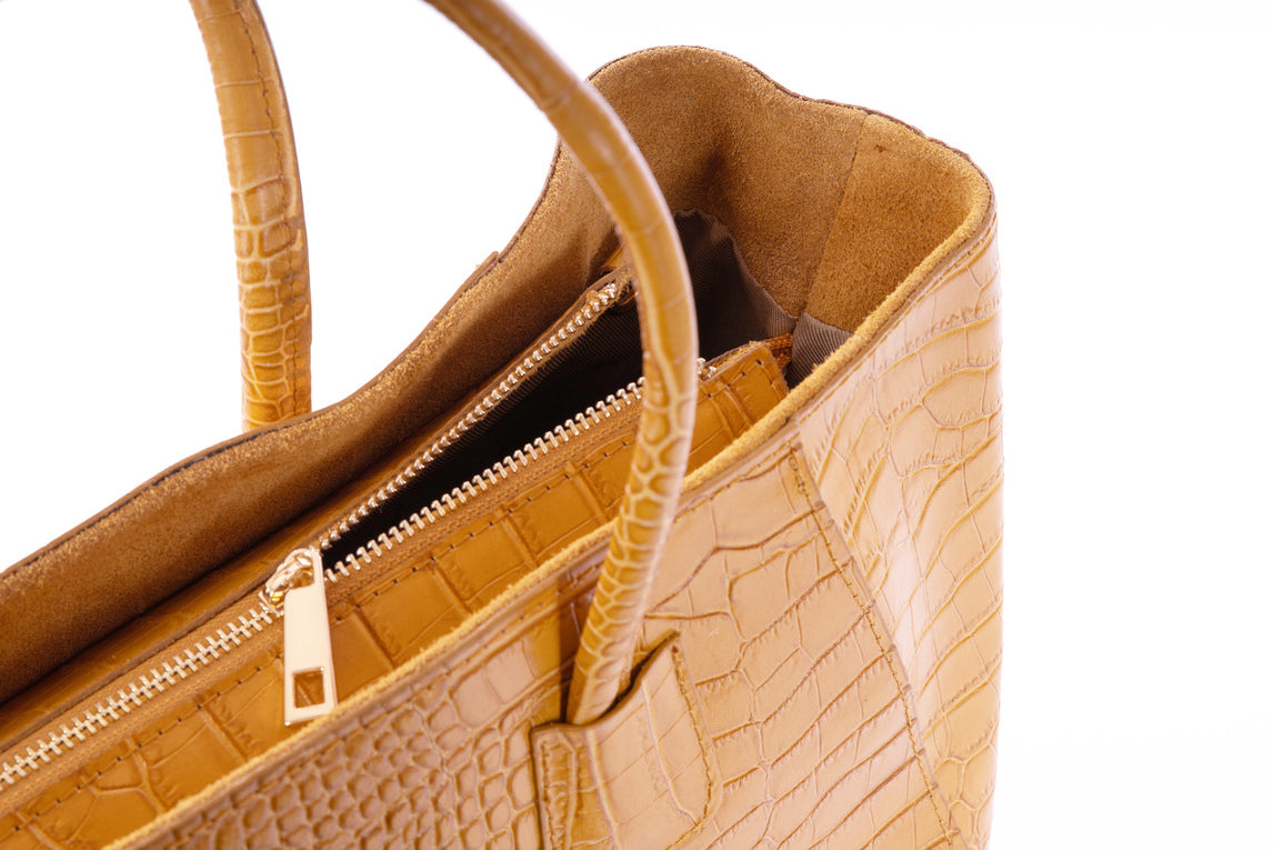 Mustard Yellow Real Leather Croc Shoulder Tote Bag - Amilu
