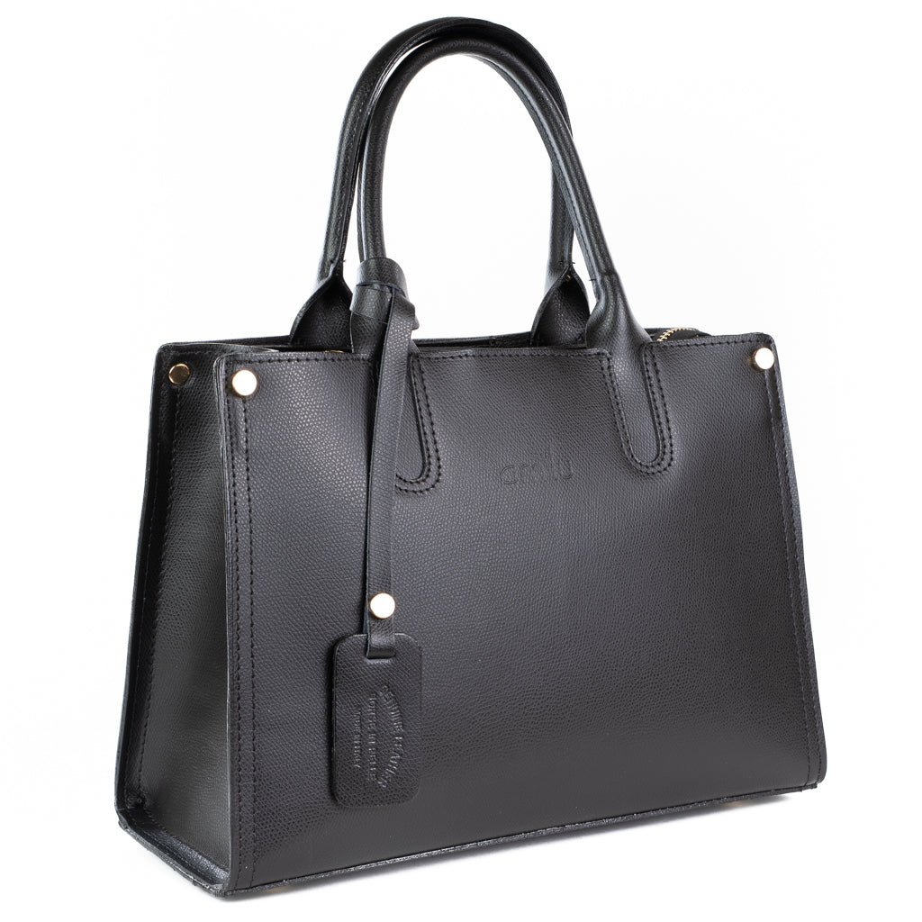 Black Real Textured Ruga Leather Grab Tote Bag - Amilu