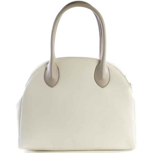 Cream and Taupe Real Leather Double Zip Tote Bag - Amilu