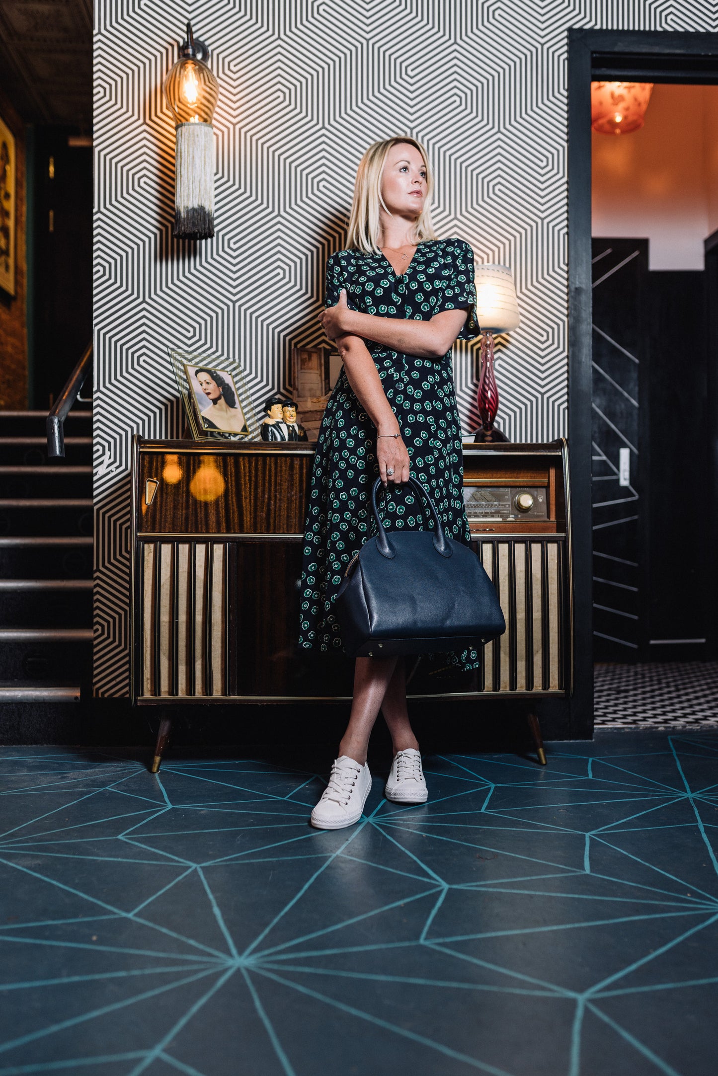 Navy Real Leather Double Zip Tote Bag - Amilu