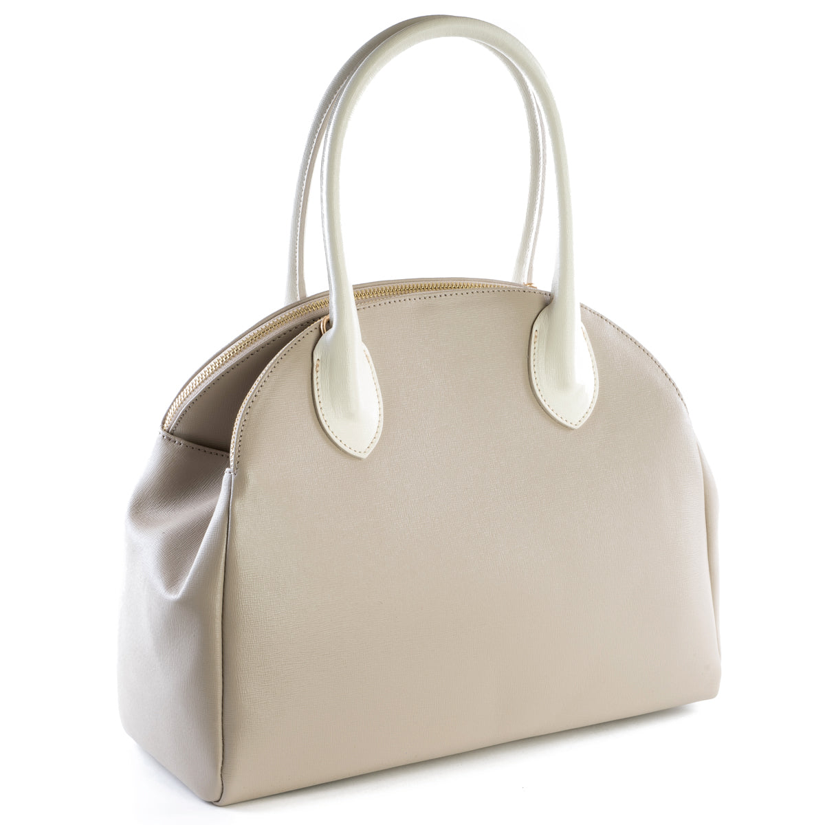 Taupe and Cream Real Leather Double Zip Tote Bag - Amilu