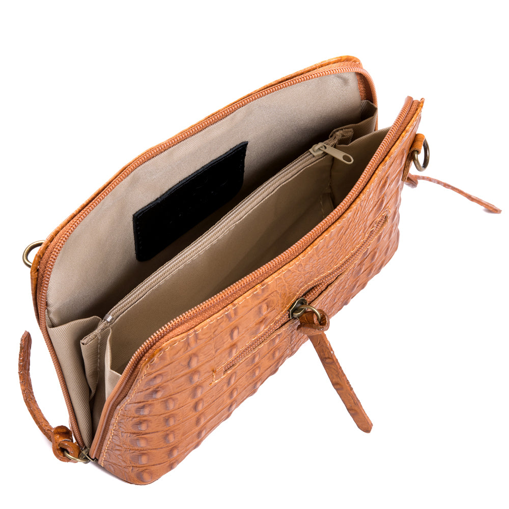 Dark Red Croc Print Real Leather Cross Body Bag - Amilu