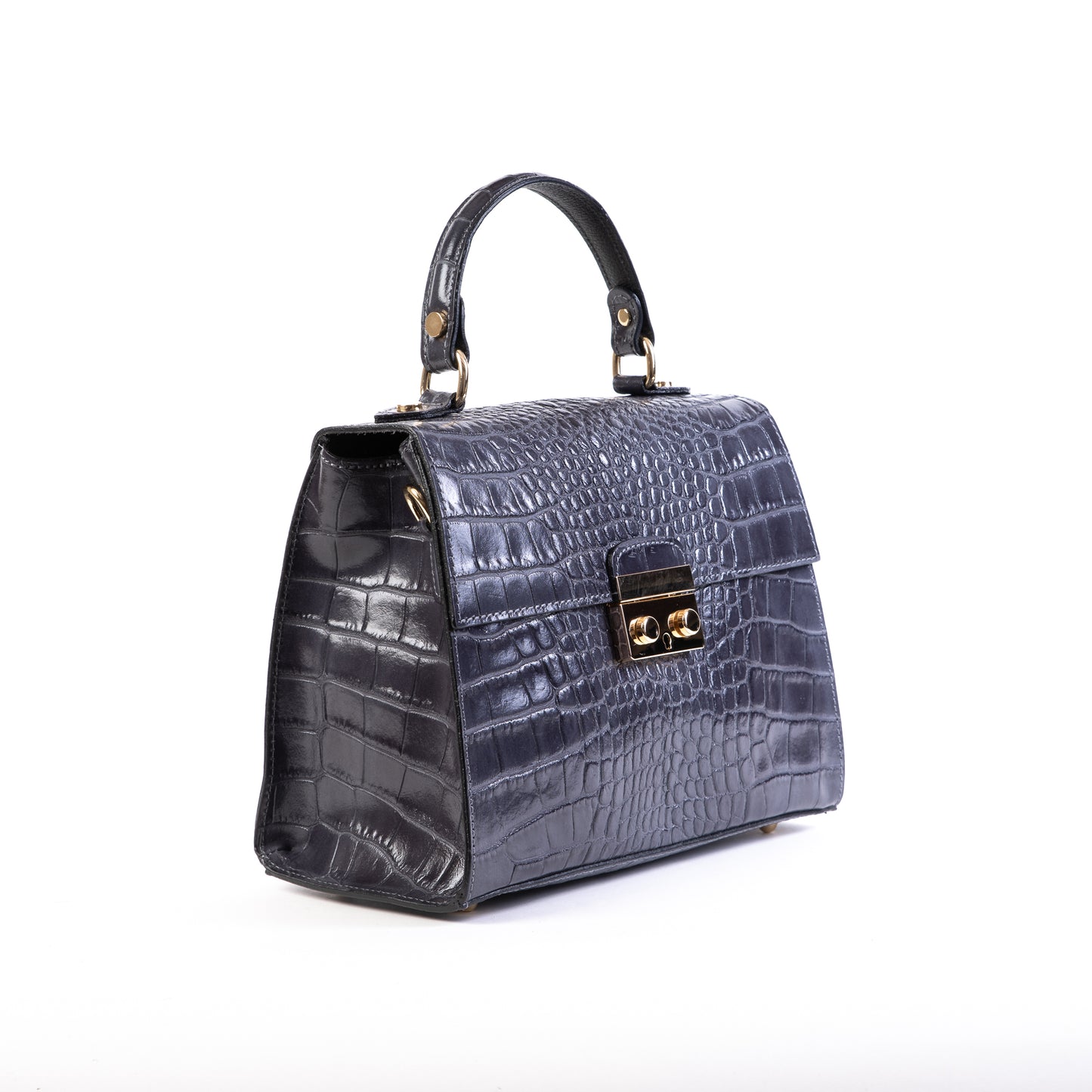 Grey Real Italian Leather Croc Satchel Tote Bag - Amilu