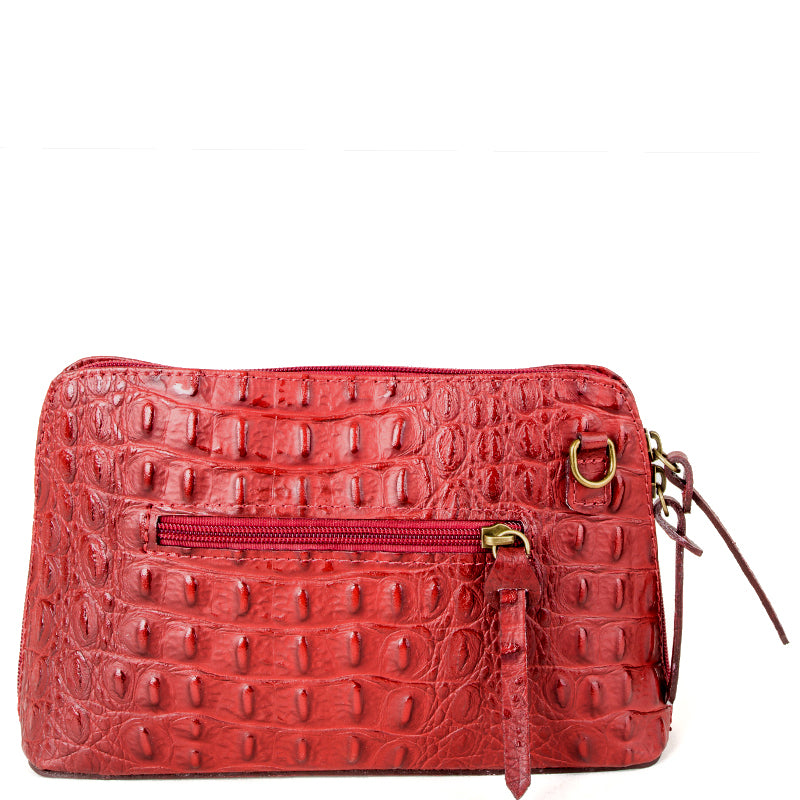 Dark Red Croc Print Real Leather Cross Body Bag - Amilu