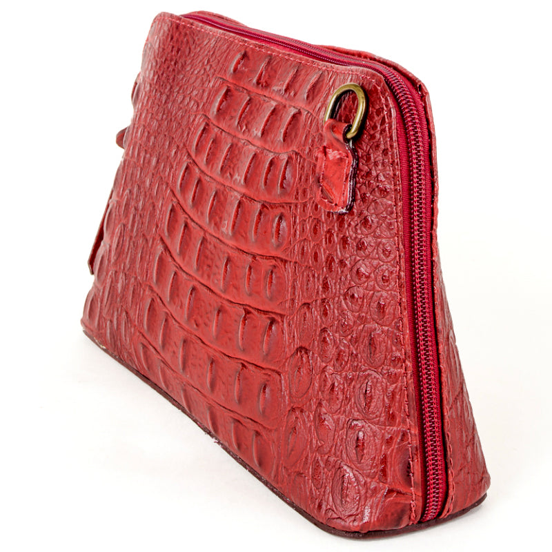 Dark Red Croc Print Real Leather Cross Body Bag - Amilu