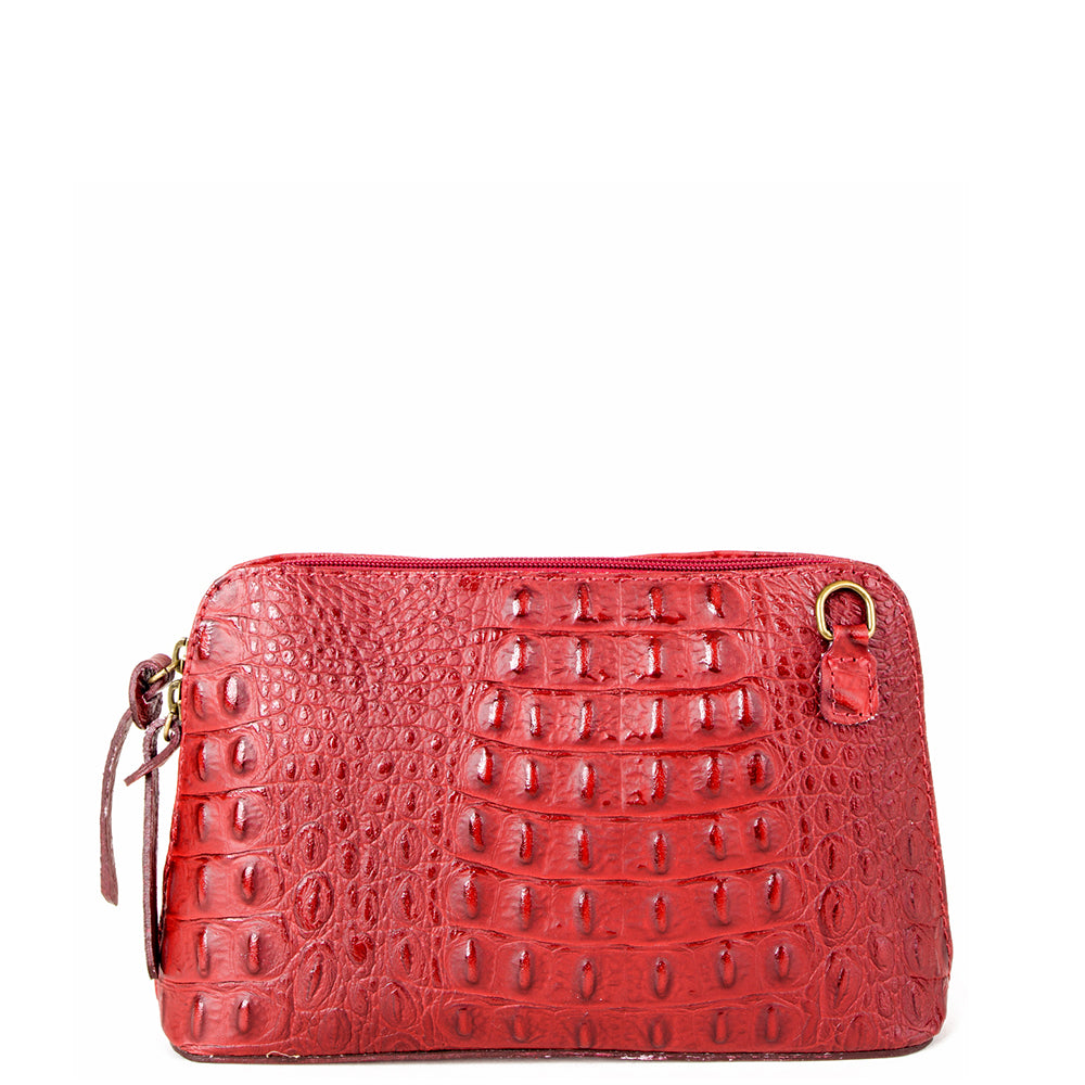 Dark Red Croc Print Real Leather Cross Body Bag - Amilu