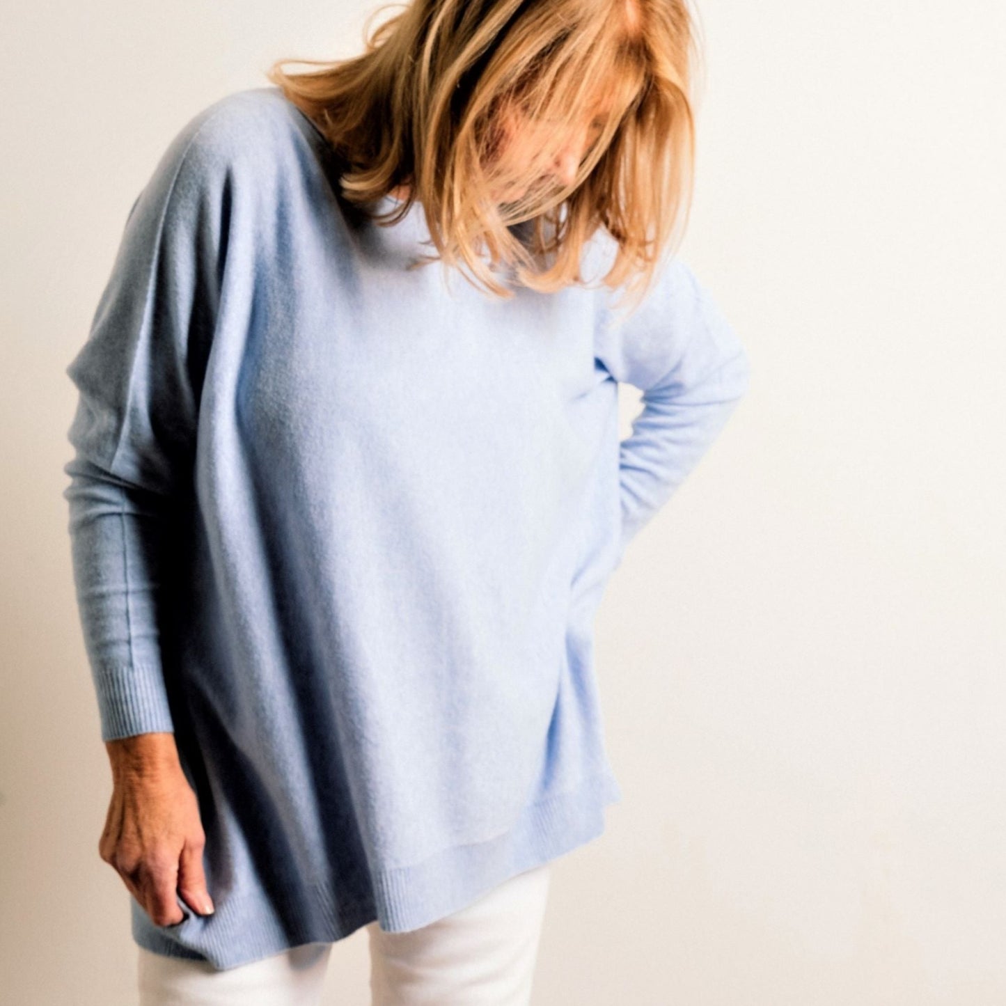 Pale Blue Supersoft Loose Fit Fine Knit Oversize Round Neck Easy Wear Jumper - Amilu