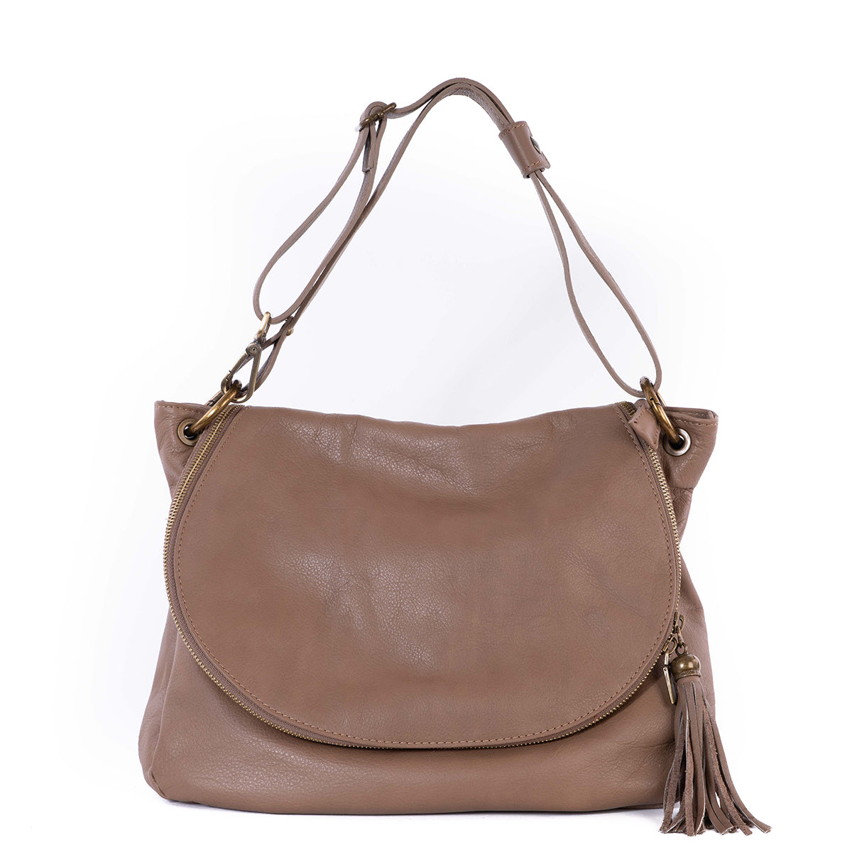 Taupe Real Leather Boho Crossbody Bag - Amilu