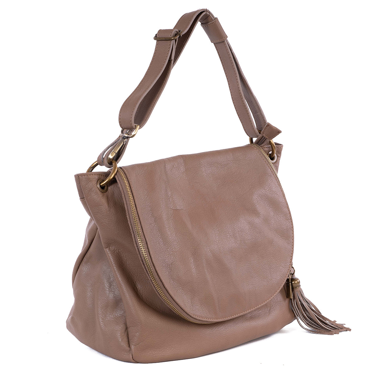 Taupe Real Leather Boho Crossbody Bag - Amilu