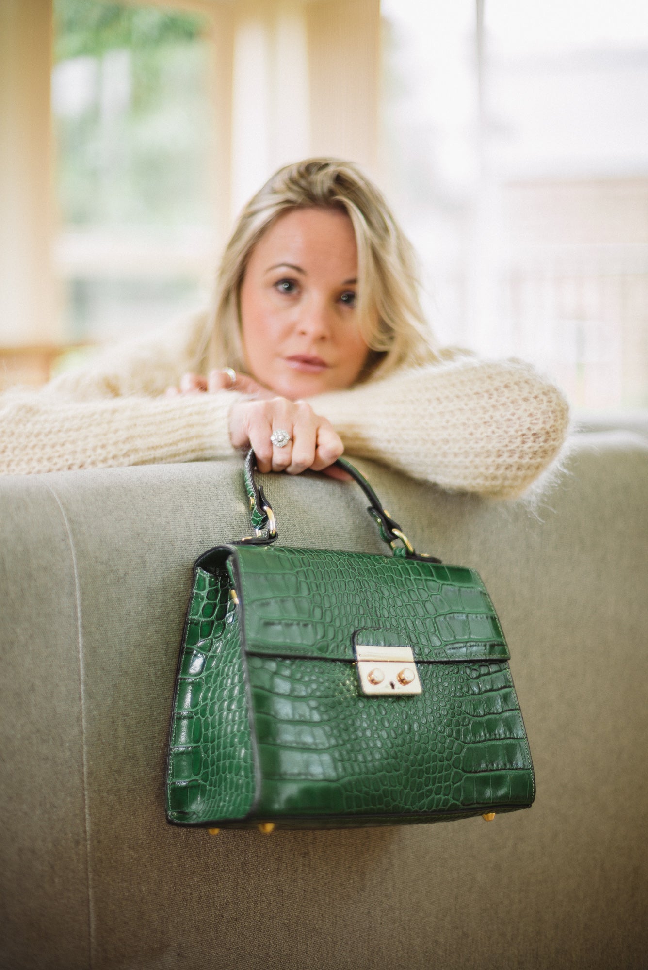 Grey Real Italian Leather Croc Satchel Tote Bag - Amilu