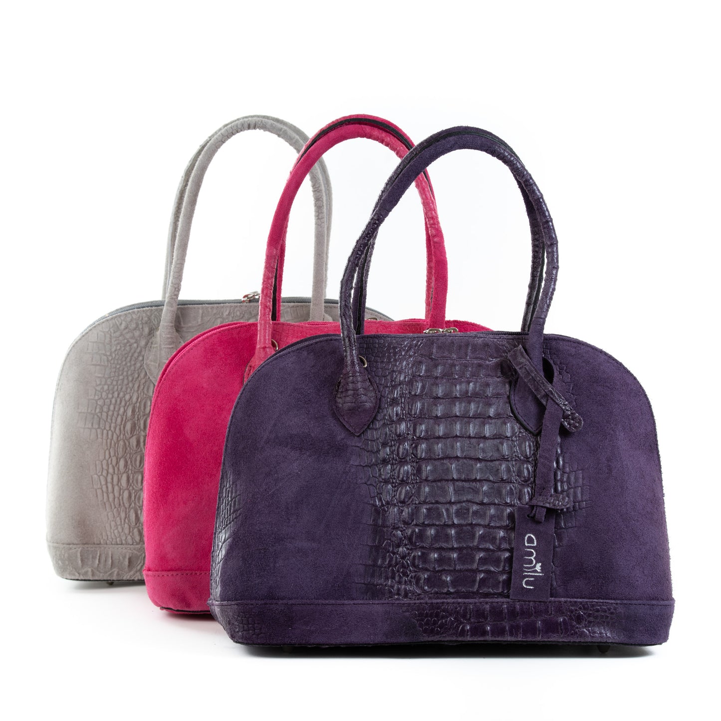 Fuchsia Pink Real Suede Large Bowling Bag - Amilu