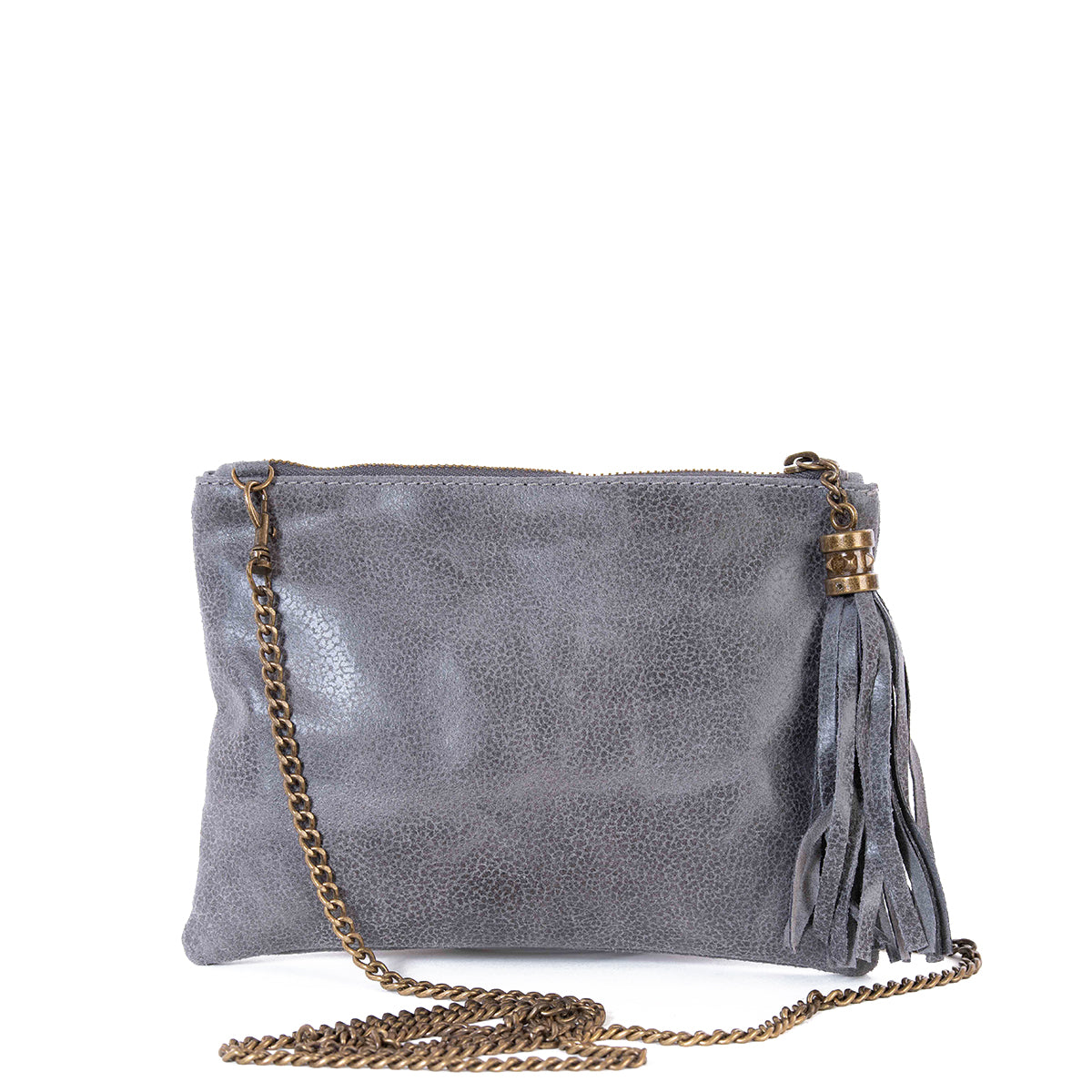 Grey Real Leather Tassel Clutch Bag - Amilu