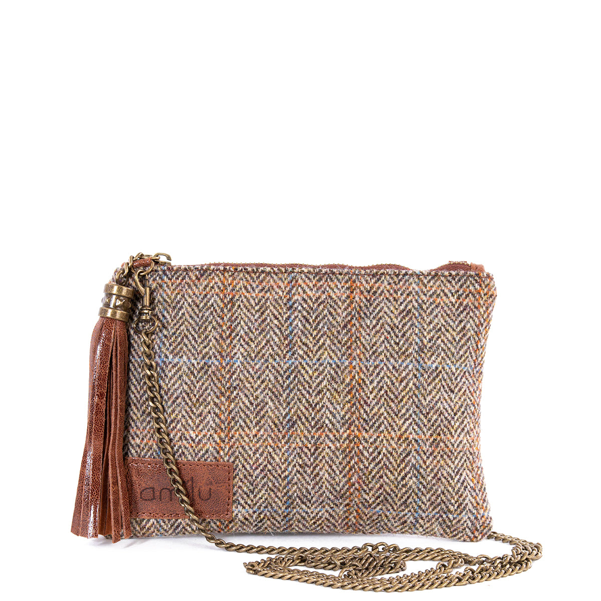 Tan Harris Tweed Flat Clutch Bag - Amilu