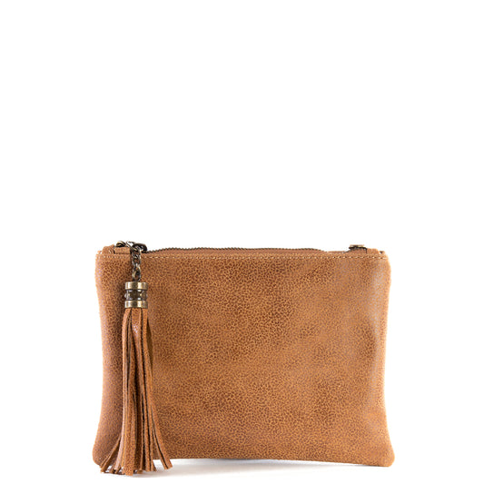 Tan Real Leather Tassel Clutch Bag - Amilu