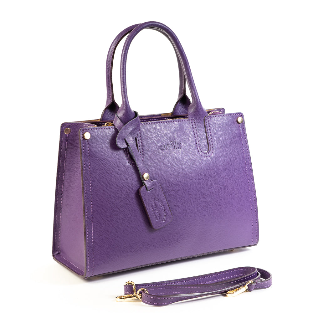 Purple Real Textured Leather Grab Tote Bag - Amilu