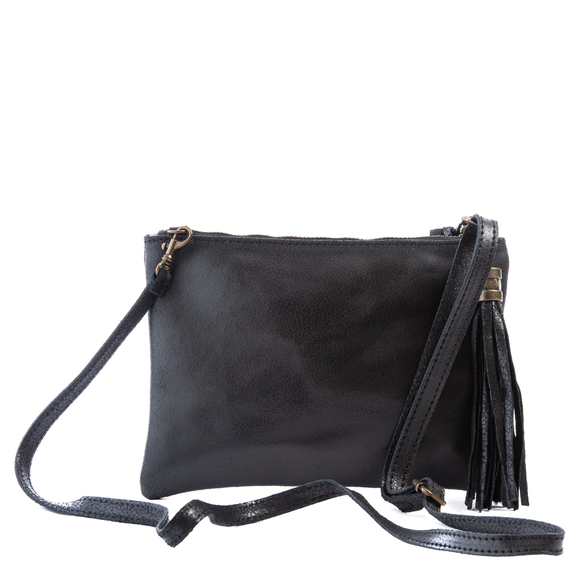 Black Real Leather Tassel Crossbody Clutch Bag - Amilu