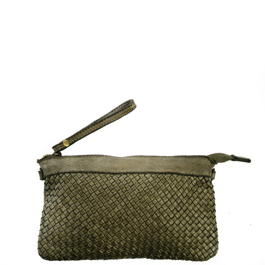 Green Real Italian Woven Leather Clutch Cross Body Bag - Amilu