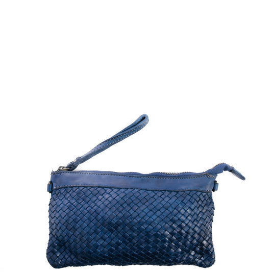 Navy Real Italian Woven Leather Clutch Cross Body Bag - Amilu