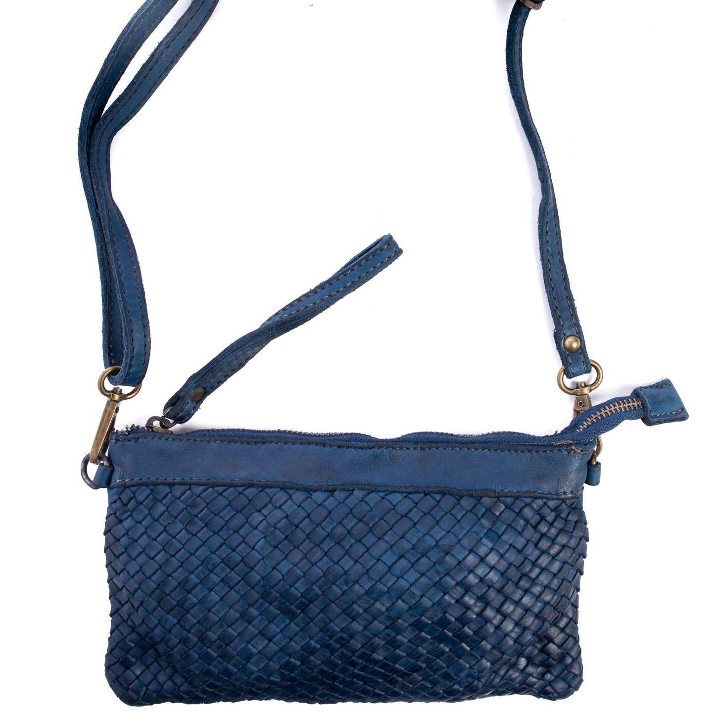 Navy Real Italian Woven Leather Clutch Cross Body Bag - Amilu