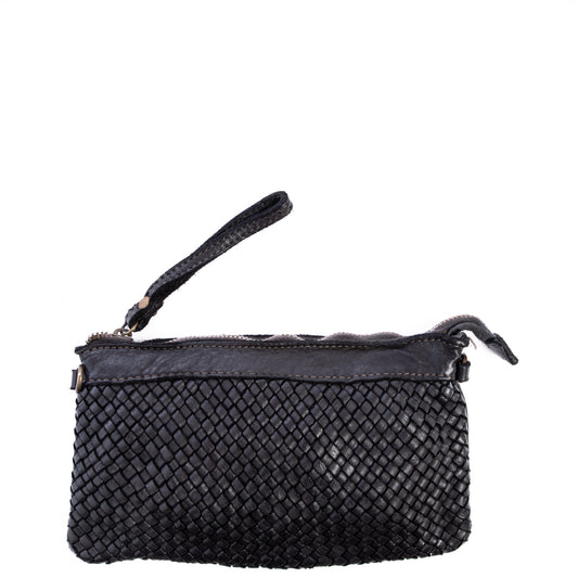 Black Real Italian Woven Leather Clutch Cross Body Bag - Amilu