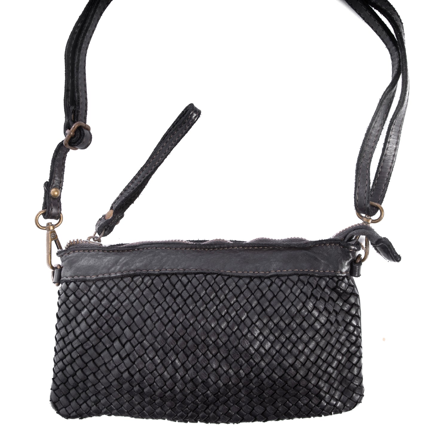 Black Real Italian Woven Leather Clutch Cross Body Bag - Amilu