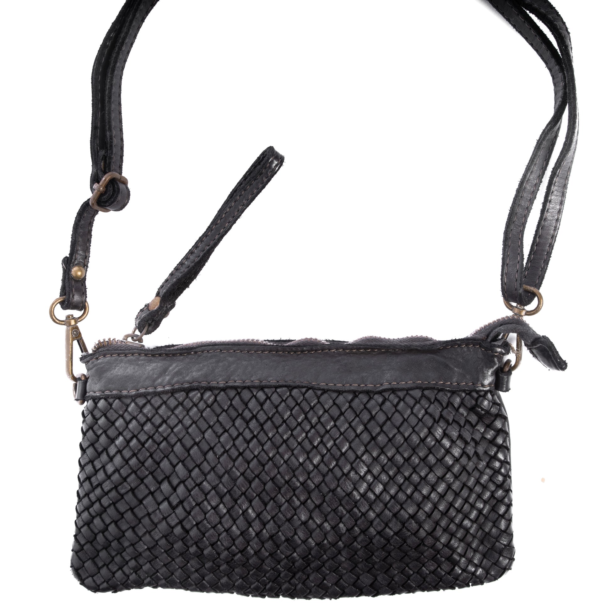 Black Real Italian Woven Leather Clutch Cross Body Bag - Amilu