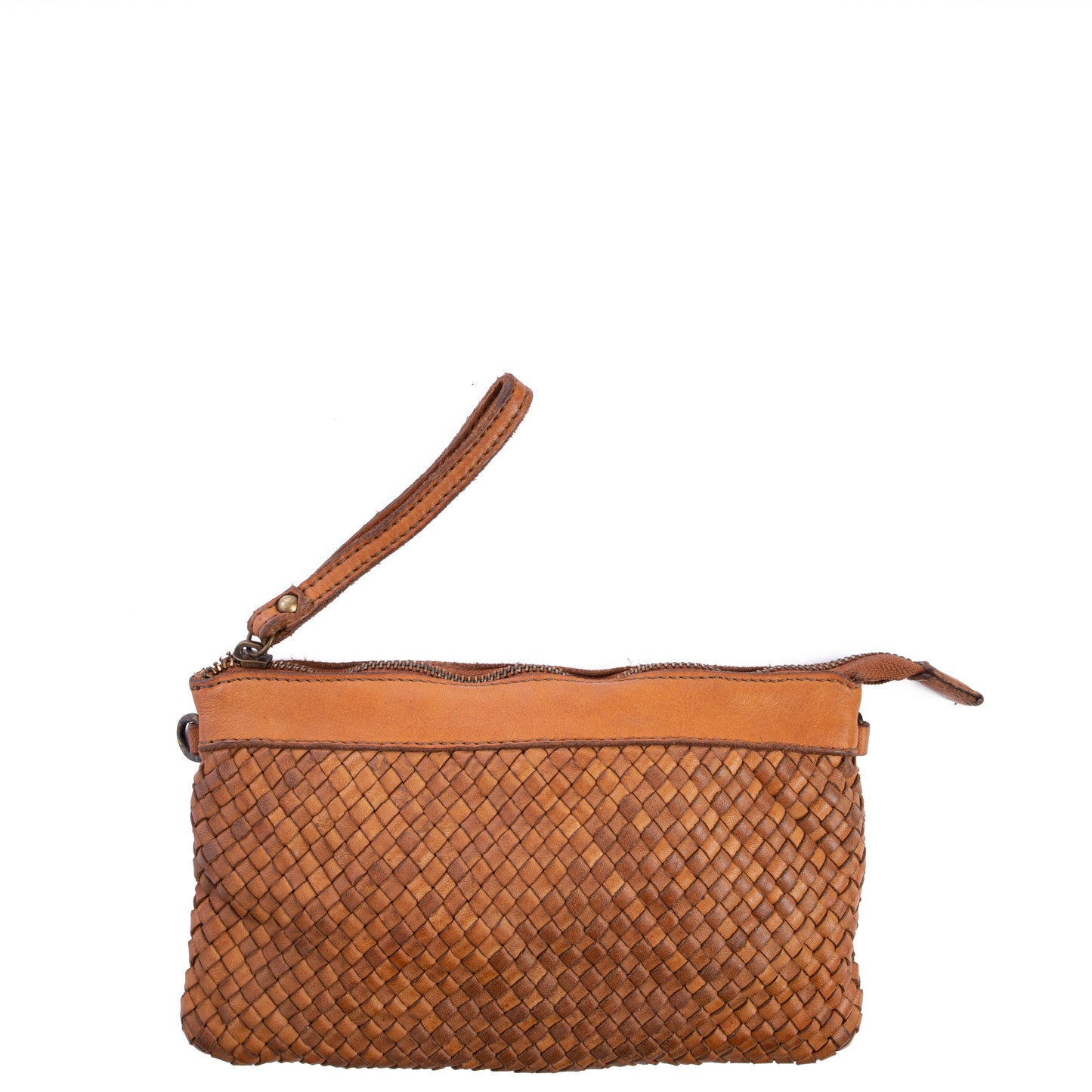 Tan Real Italian Woven Leather Clutch Cross Body Bag - Amilu
