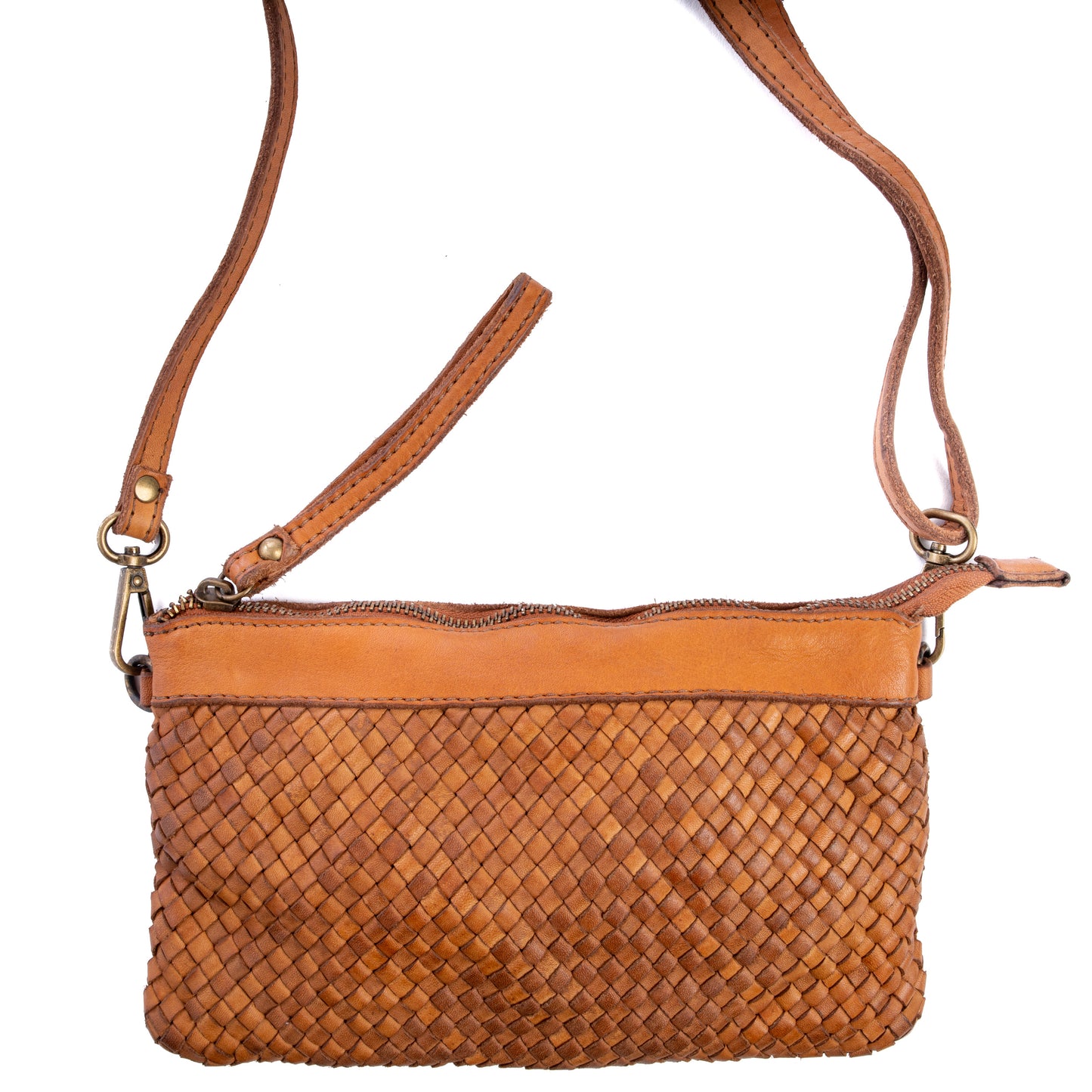 Tan Real Italian Woven Leather Clutch Cross Body Bag - Amilu