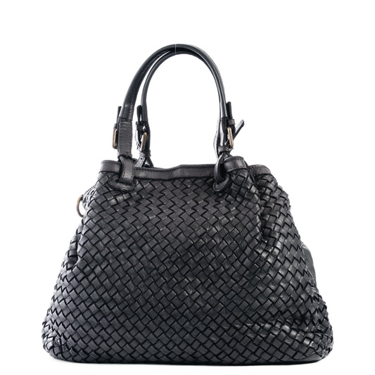 Classic Black Real Italian Leather Weave Tote Shoulder Bag - Amilu