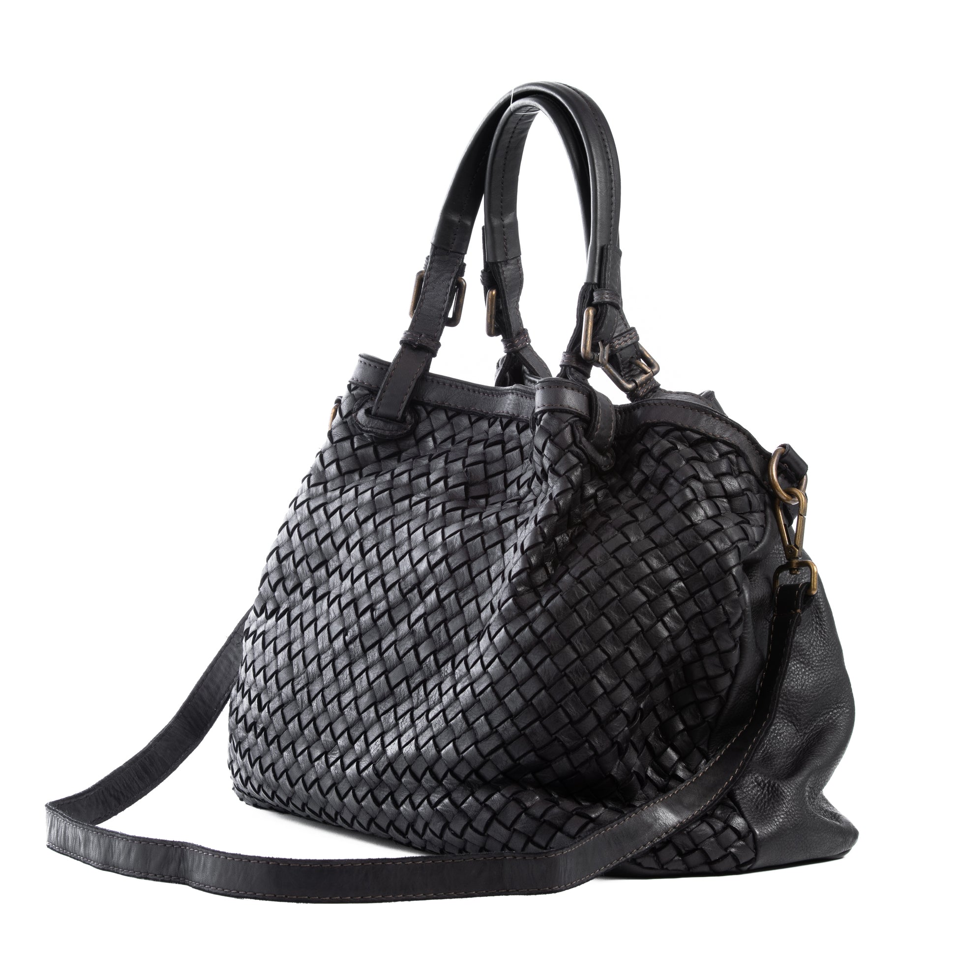 Classic Black Real Italian Leather Weave Tote Shoulder Bag - Amilu