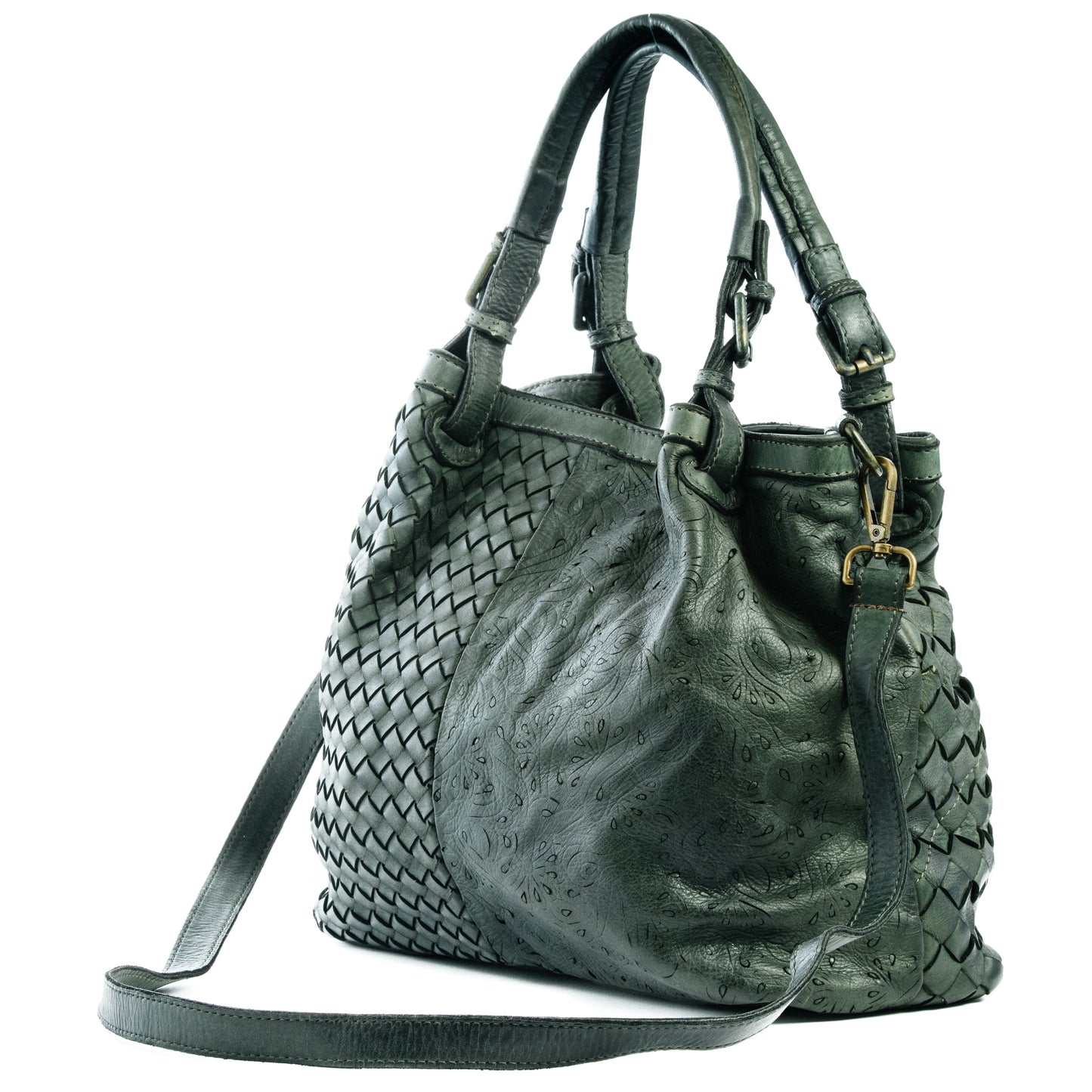 Classic Forest Green 4 Panel Real Italian Leather Weave Tote Shoulder Bag - Amilu
