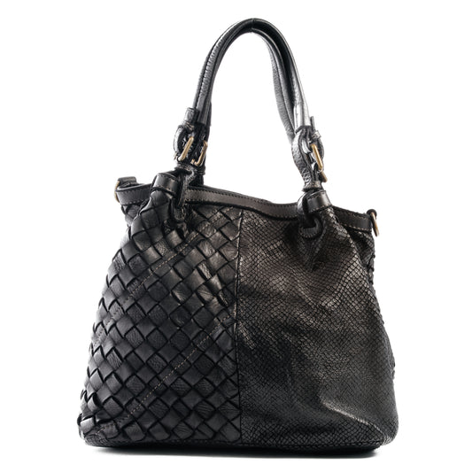 Classic Black 4 Panel Real Italian Leather Weave Tote Bag - Amilu