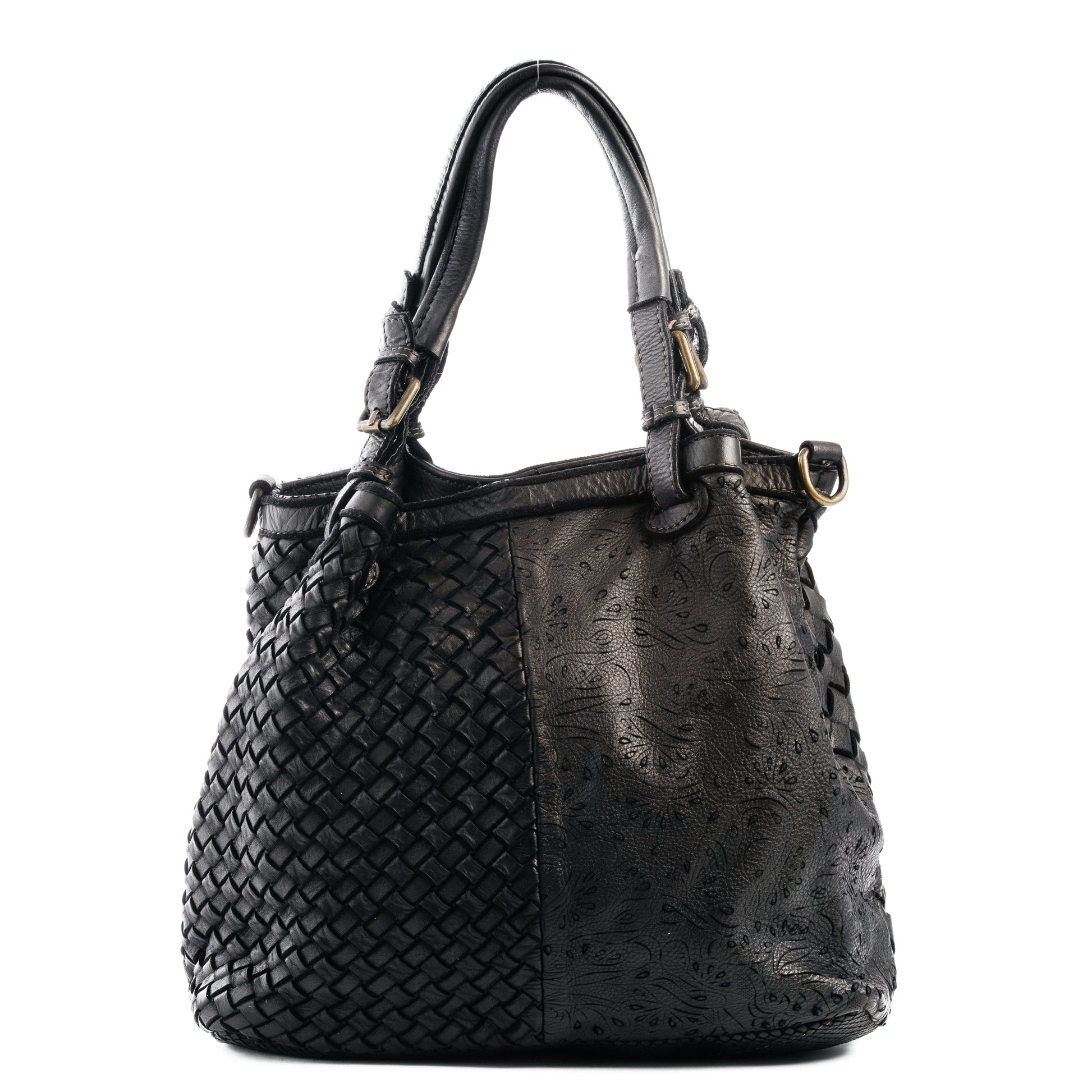Classic Black 4 Panel Real Italian Leather Weave Tote Bag - Amilu