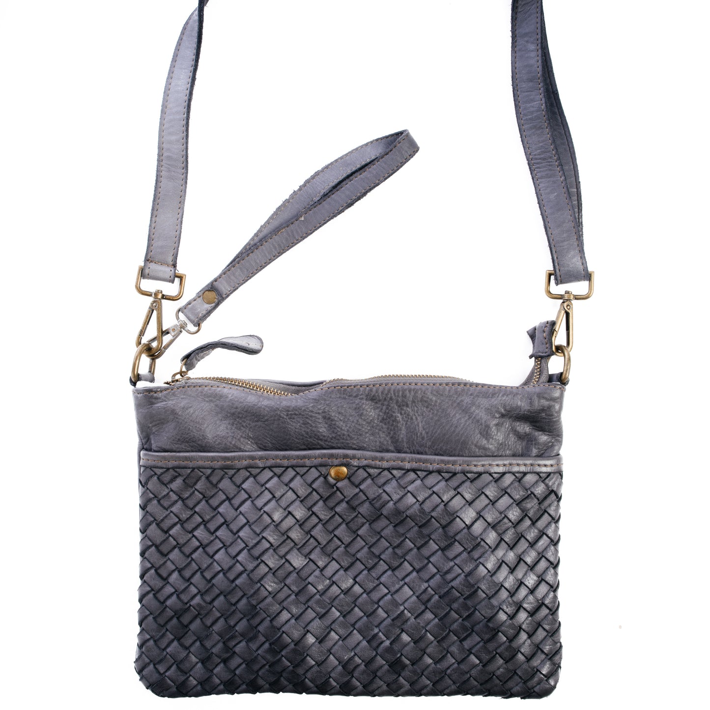 Grey Real Italian Woven Leather Cross Body Bag - Amilu