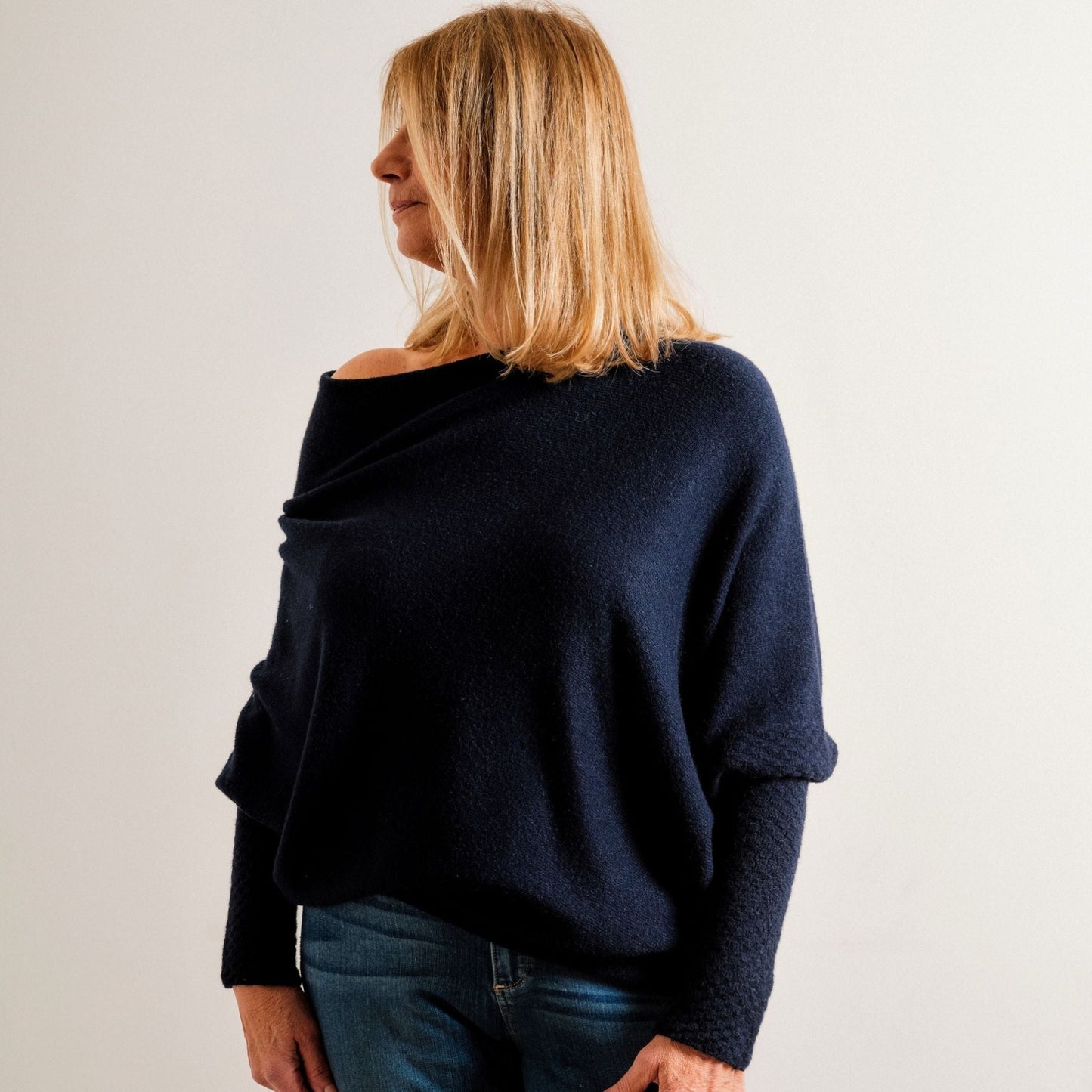 Navy Blue Supersoft Asymmetric Fine Knit Easy Wear Jumper - Amilu