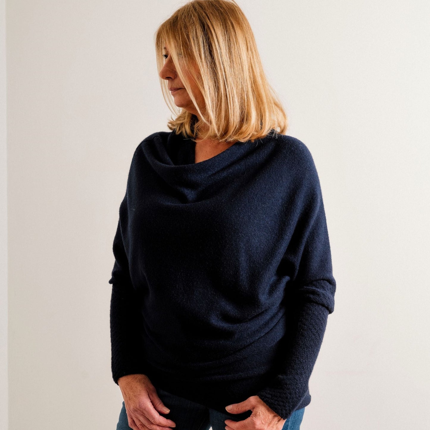 Navy Blue Supersoft Asymmetric Fine Knit Easy Wear Jumper - Amilu