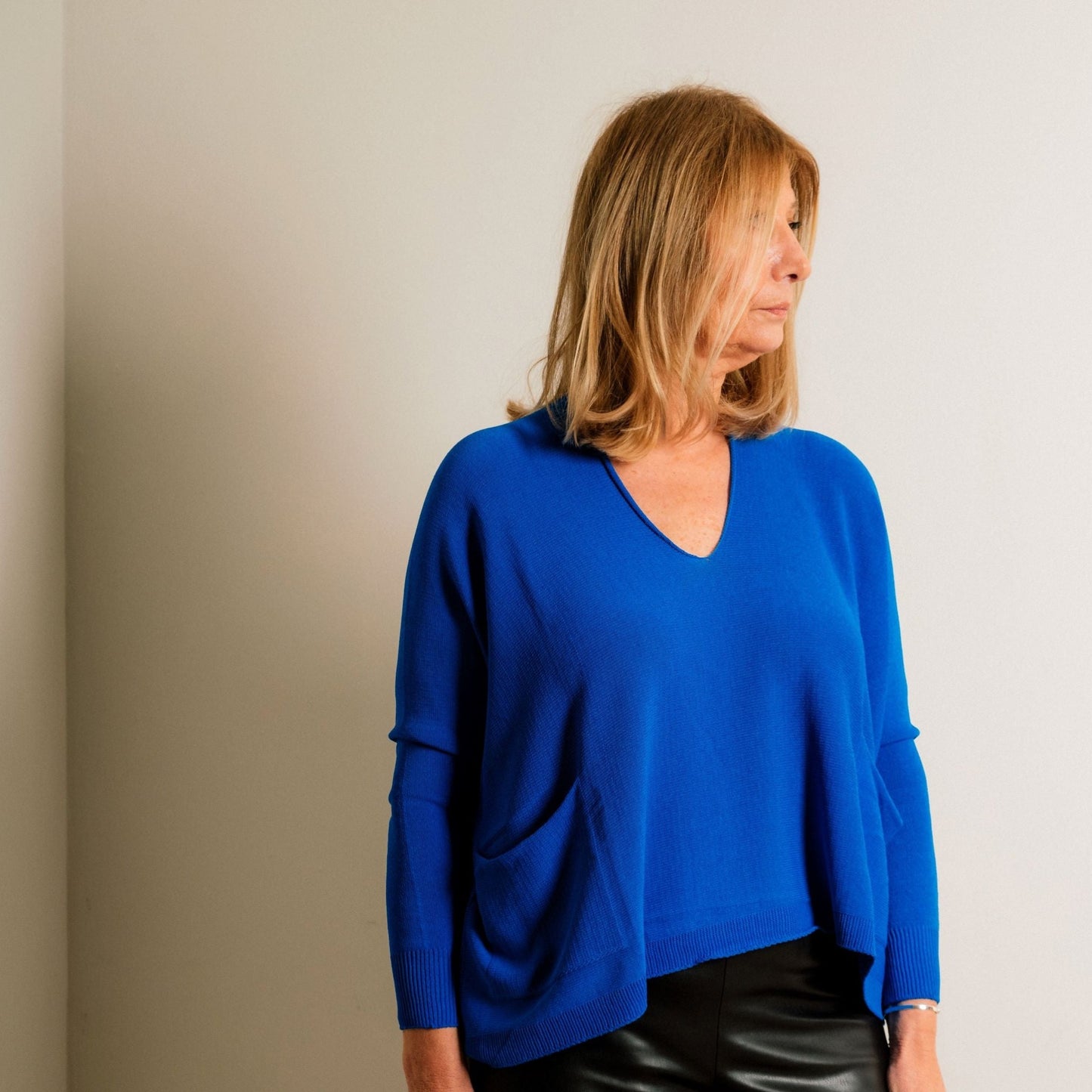 Cobalt Blue Structured Knit Double Pocket V Neck Easy Wear Top - Amilu
