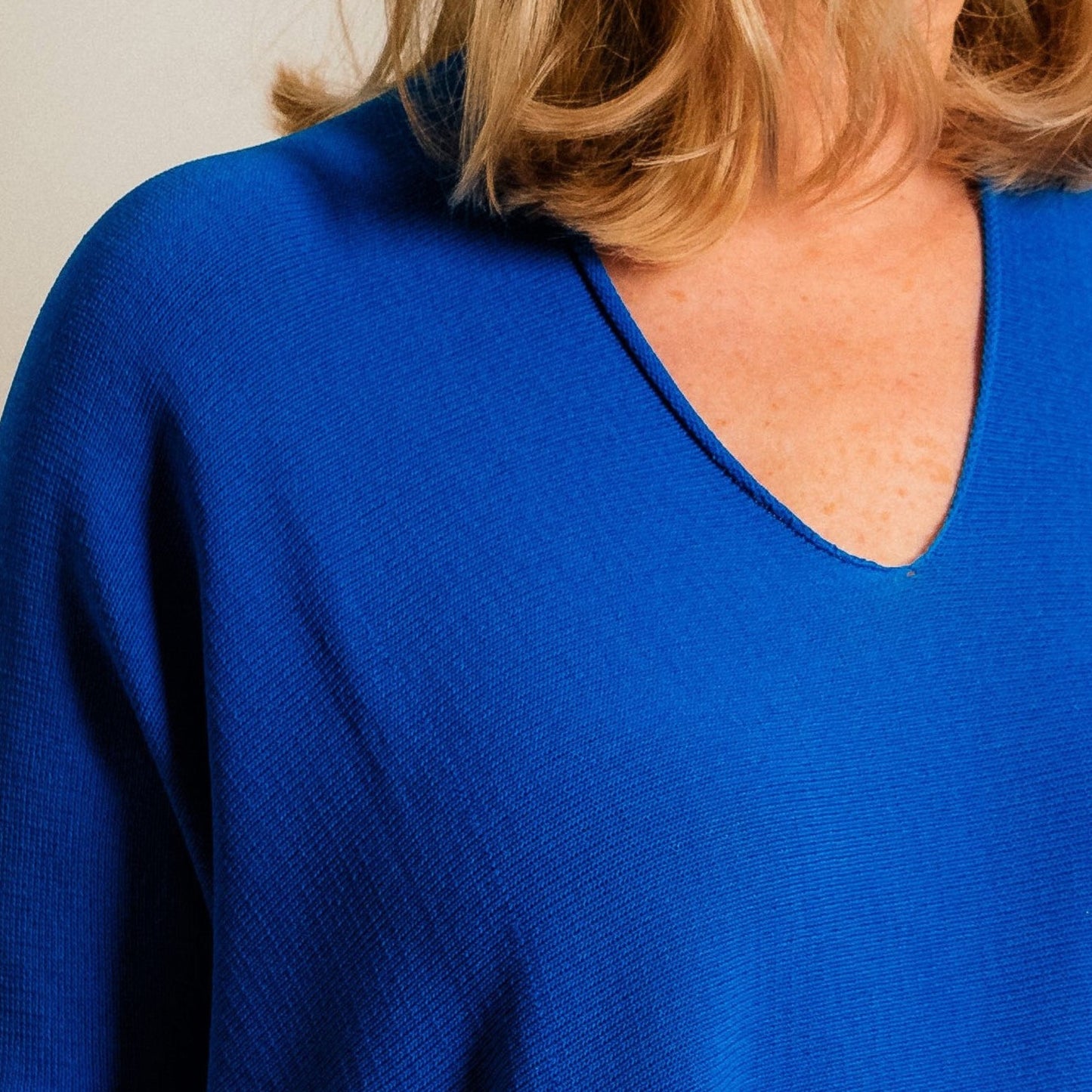 Cobalt Blue Structured Knit Double Pocket V Neck Easy Wear Top - Amilu