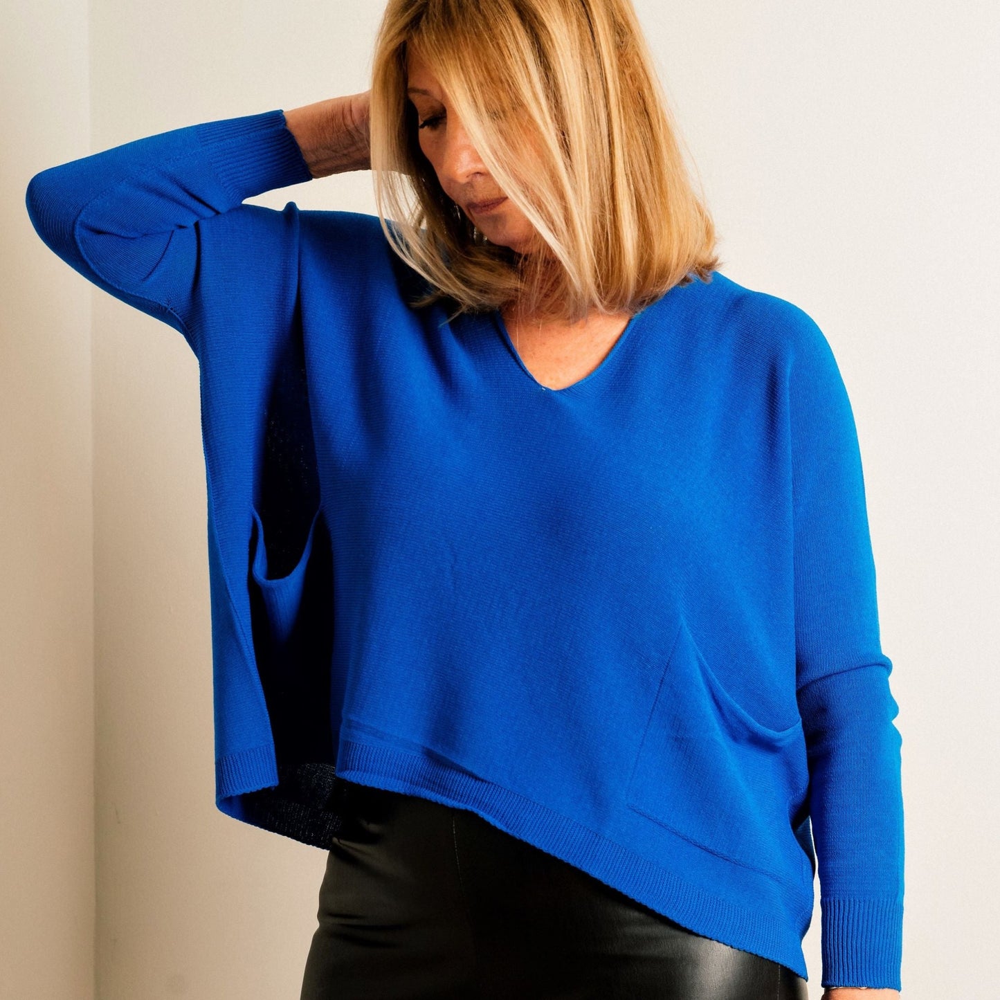 Cobalt Blue Structured Knit Double Pocket V Neck Easy Wear Top - Amilu