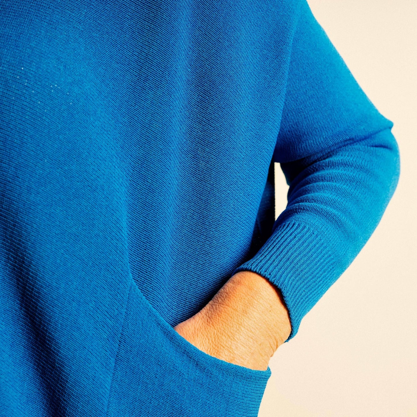 Cobalt Blue Structured Knit Double Pocket V Neck Easy Wear Top - Amilu